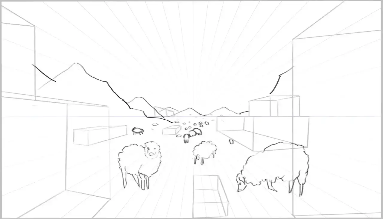 Un troupeau de moutons avance dans une rue, créant un fort effet de perspective. Les lignes convergent vers l'horizon, accentuant la profondeur.