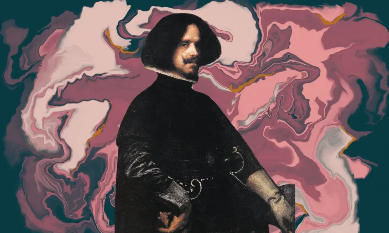 Retrato de Velázquez, uno de los **best painters of all time**, sobre un fondo abstracto de remolinos rosas y azules.
