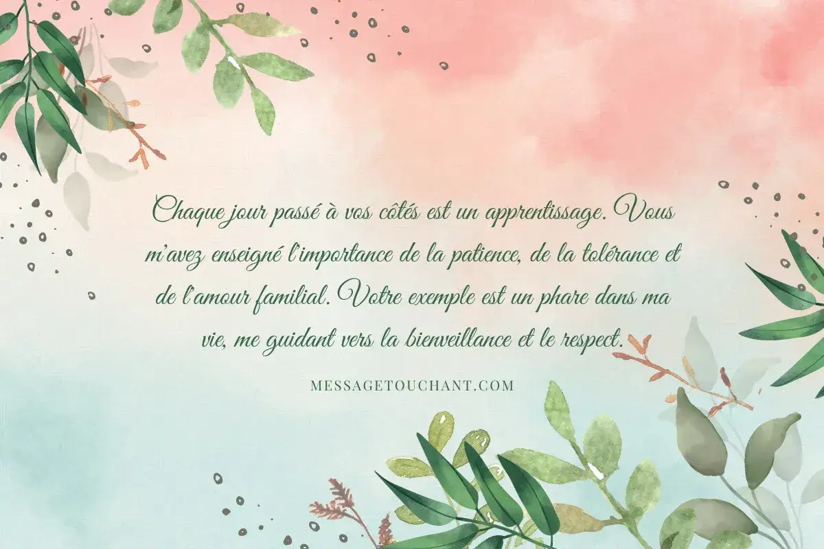 Un texte touchant pour sa belle-mère, orné de feuillages, louant son exemple de patience, tolérance et amour familial.