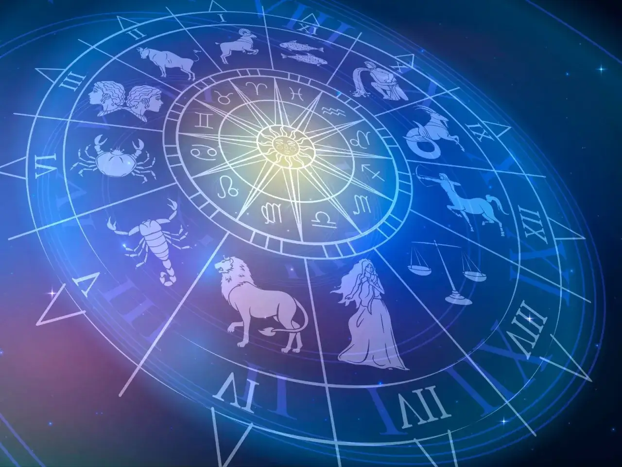 Obracający się zodiak z symbolami i rzymskimi cyframi. Sprawdź swój horoskop finansowy dzienny, by poznać przyszłość.