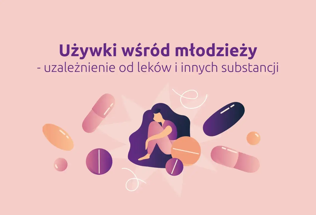 Młoda osoba otoczona lekami, symbolizująca lekomania i uzależnienie od substancji.