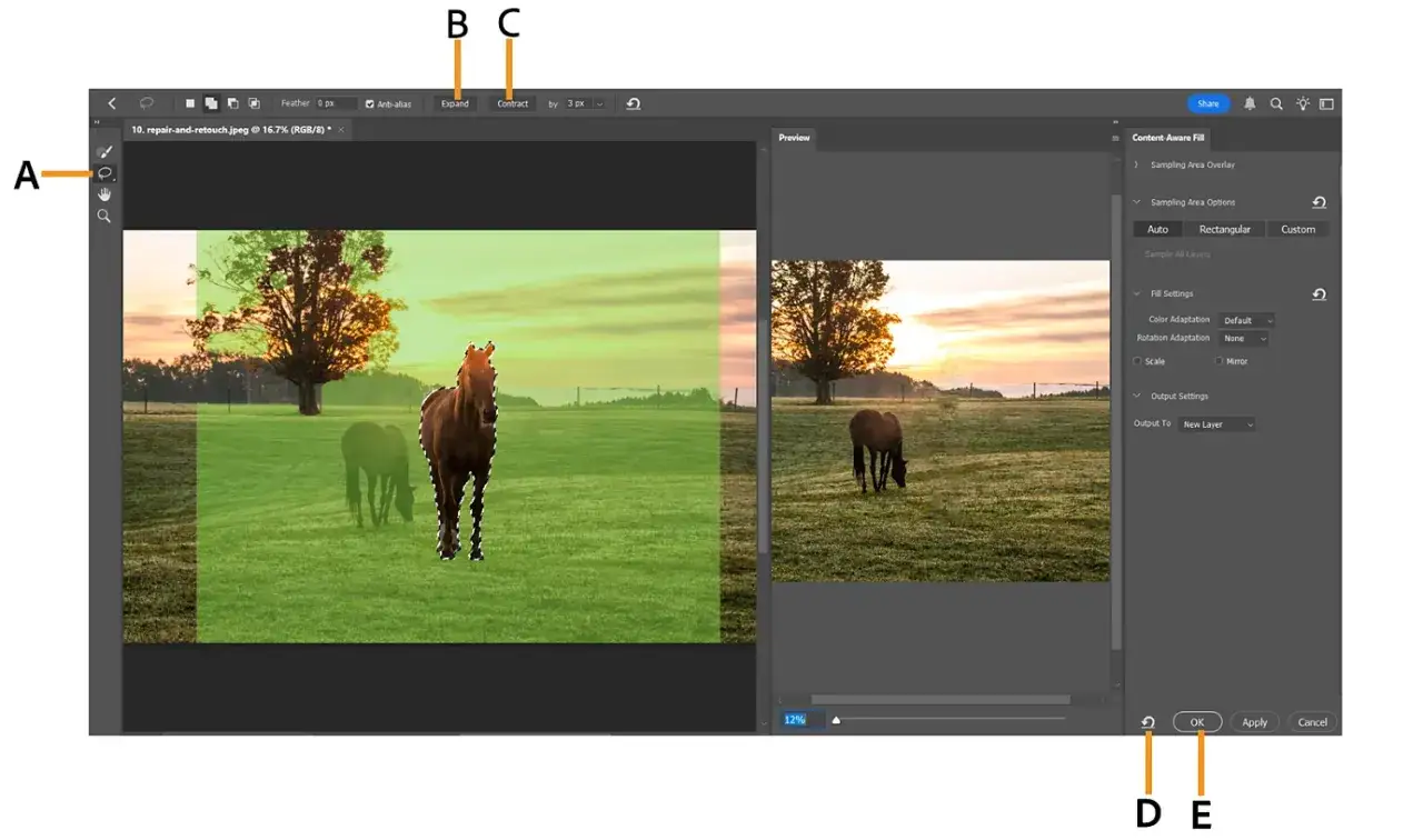 Usuwanie obiektu Photoshop Content-Aware Fill przed po