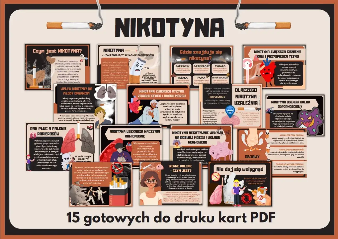 Plakat informuje, ile nikotyny ma papieros i jakie są skutki jej palenia.