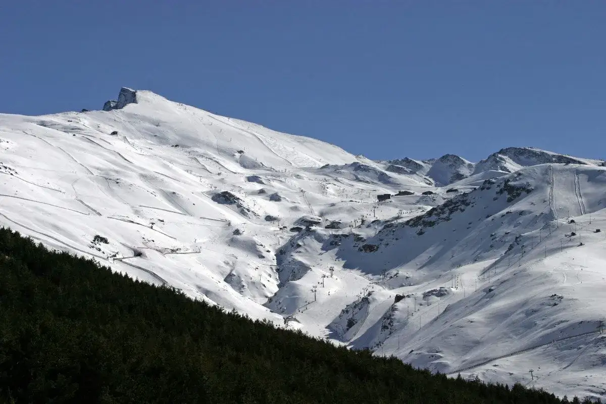 Ośnieżone stoki gór Sierra Nevada, z widocznymi wyciągami i budynkami ośrodka narciarskiego, na tle błękitnego nieba.