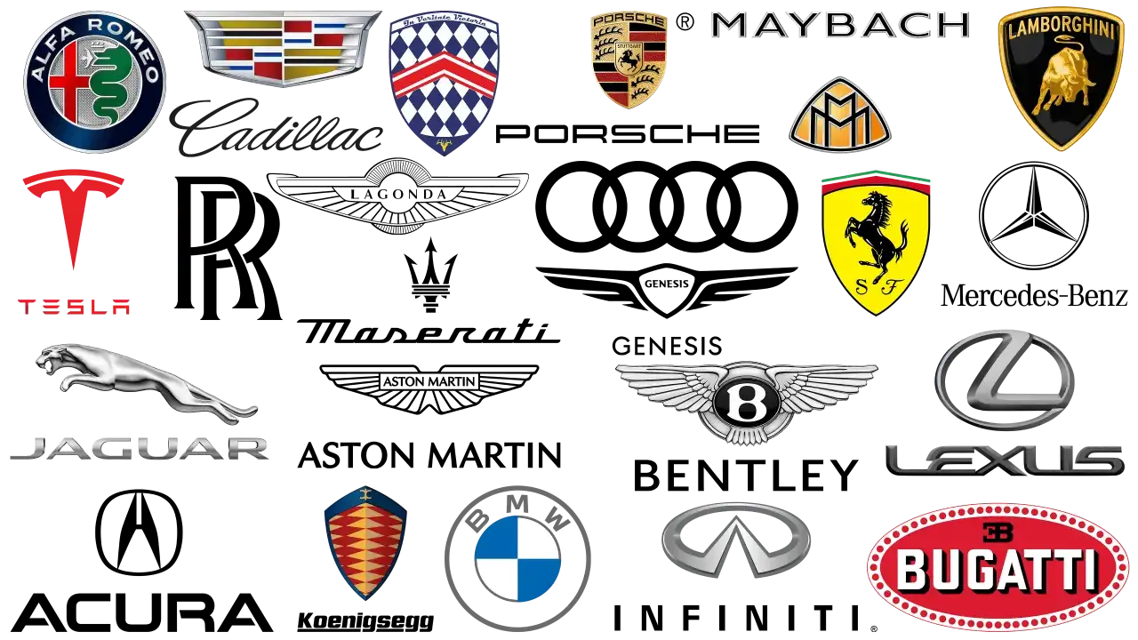 Kolekcja luksusowych marek samochodów: Alfa Romeo, Cadillac, Porsche, Maybach, Lamborghini, Tesla, Jaguar, Ferrari, Bentley, Lexus, Koenigsegg, BMW, Infiniti, Bugatti.