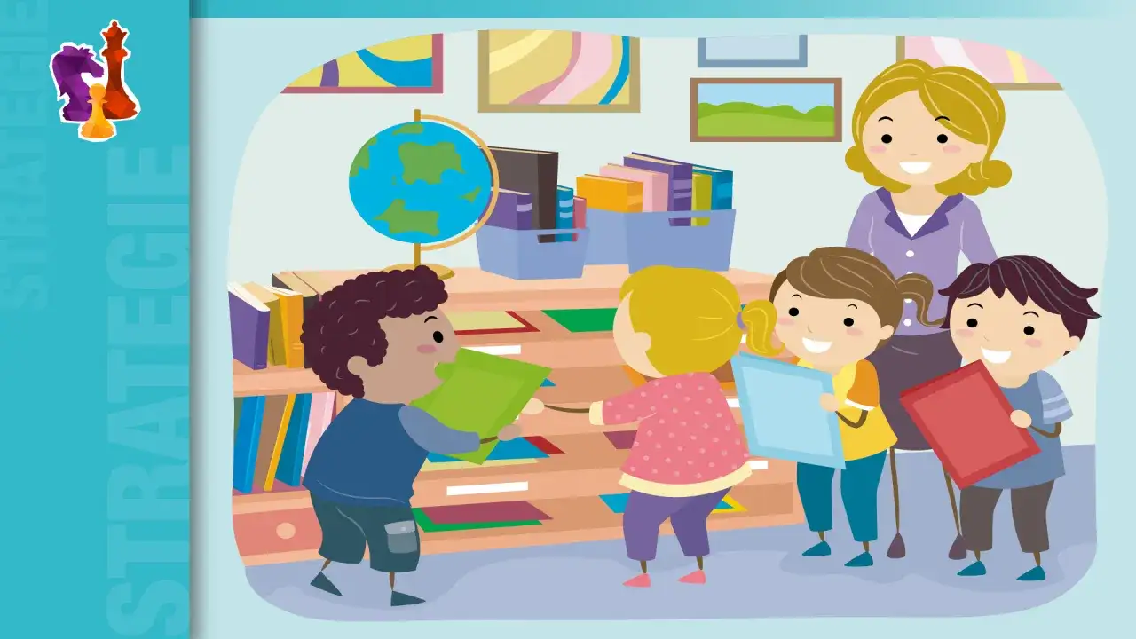 Bambini felici scelgono libri in classe, con la maestra che osserva. Un'immagine che evoca strategie educative e la gioia dell'apprendimento.