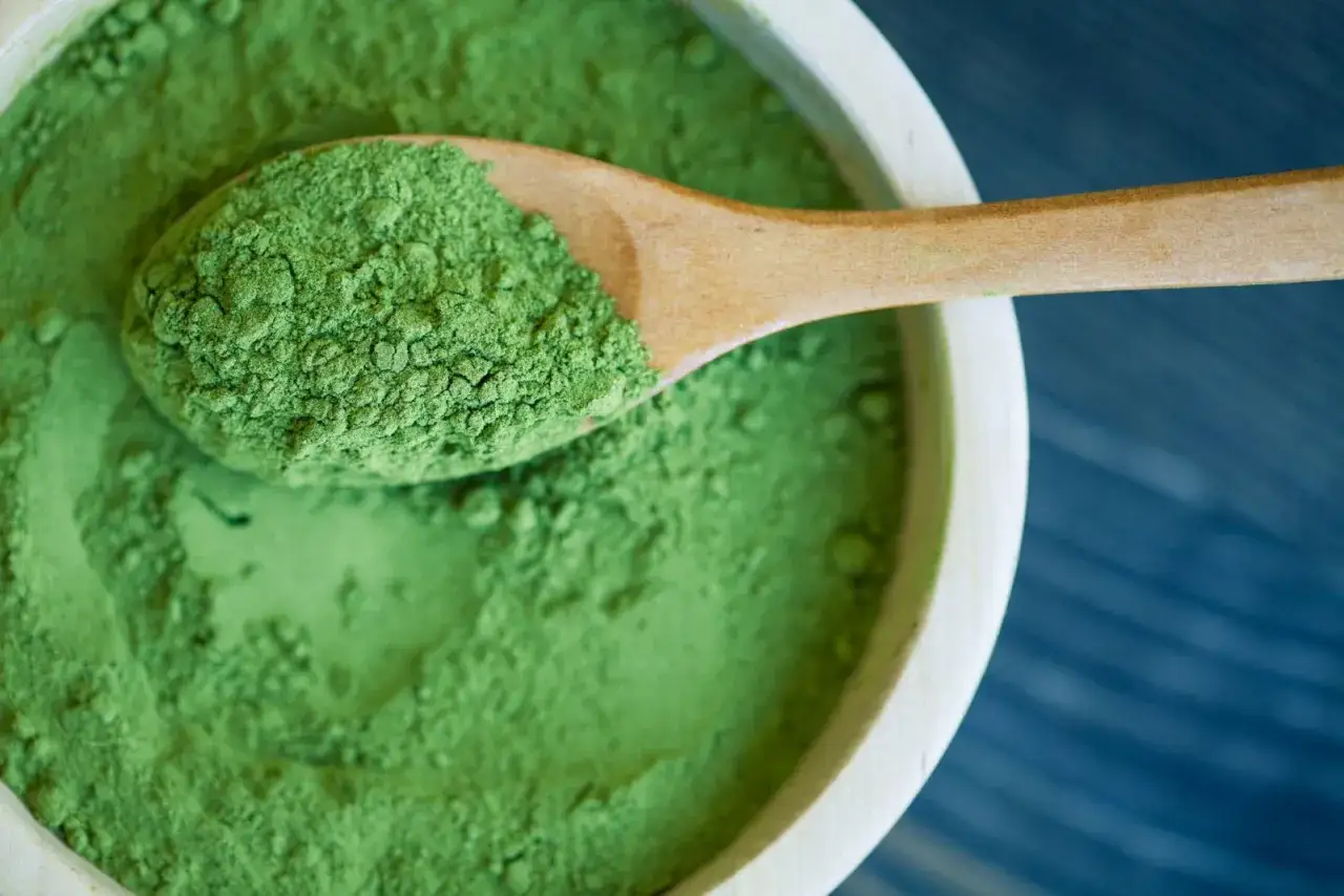 Zielony proszek na drewnianej łyżce i w miseczce. To suplement diety, który odpowiada na pytanie: spirulina co to.