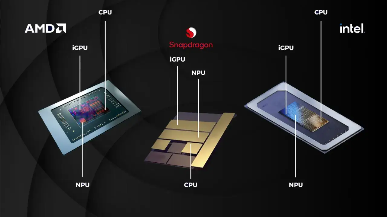 AMD, Snapdragon y Intel muestran sus CPUs, iGPUs y NPUs. El NPU es clave para la IA.