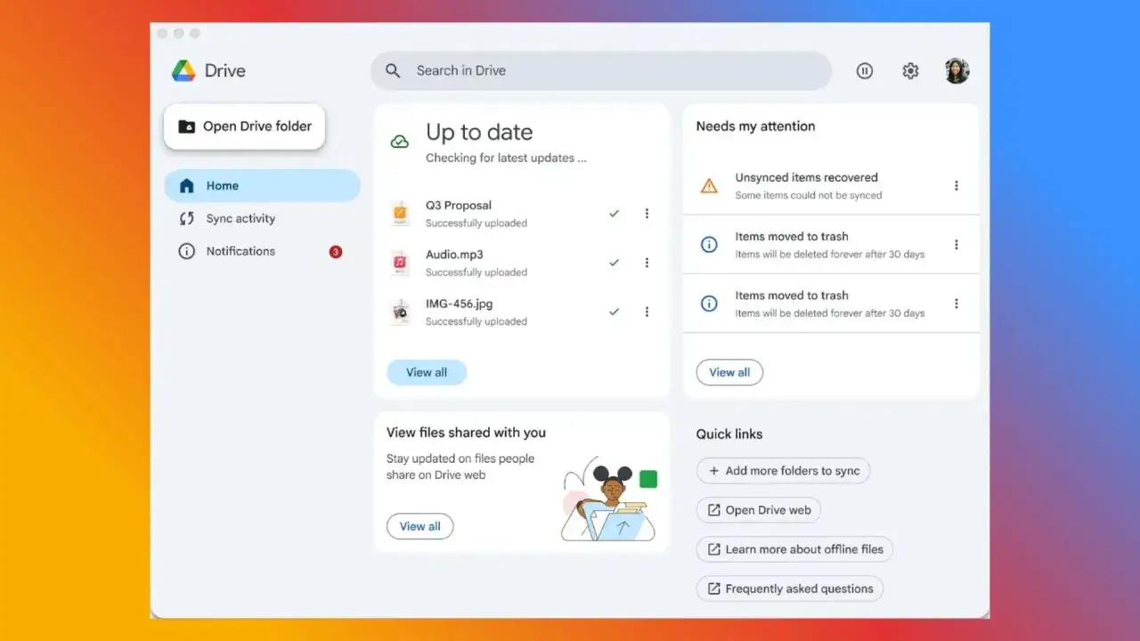 Google Drive interface showing recent uploads, sync activity, and items needing attention.