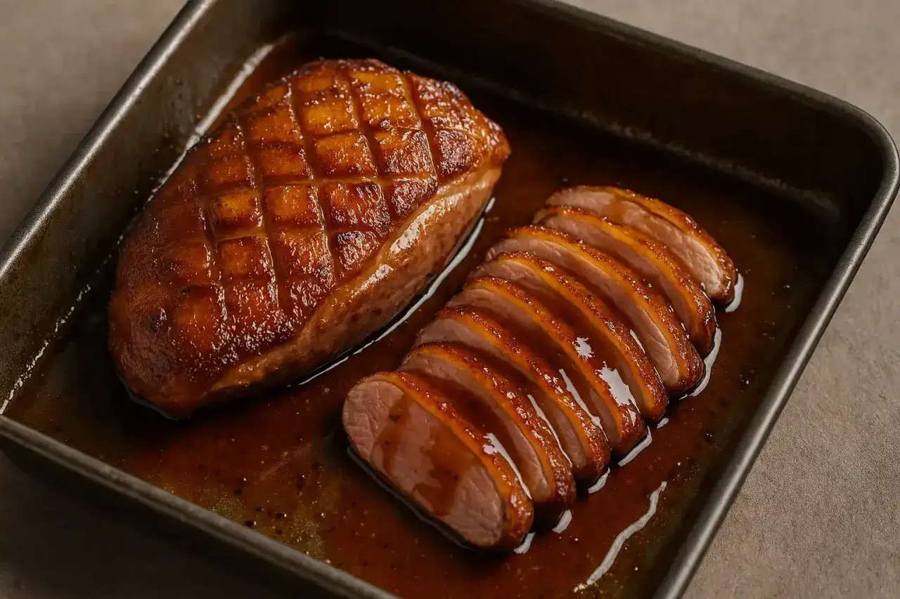 Un magret de canard au four, entier et tranché, baignant dans sa sauce caramélisée. Un délice croustillant et fondant.