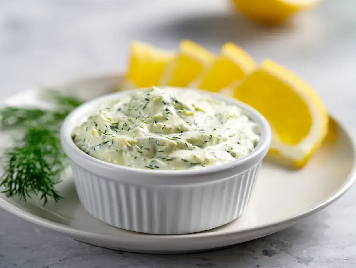 En kr&auml;mig creme fraiche s&aring;s med dill och citronklyftor, perfekt till sommarmaten.