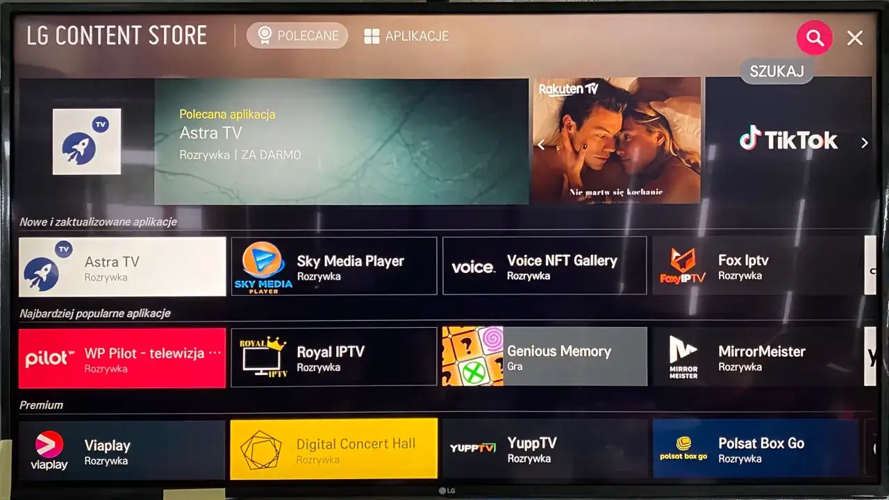 Ekran LG Content Store z aplikacjami: Astra TV, Sky Media Player, Voice NFT Gallery, Fox Iptv, WP Pilot, Royal IPTV, Genious Memory, MirrorMeister, Viaplay, Digital Concert Hall, YuppTV, Polsat Box Go.