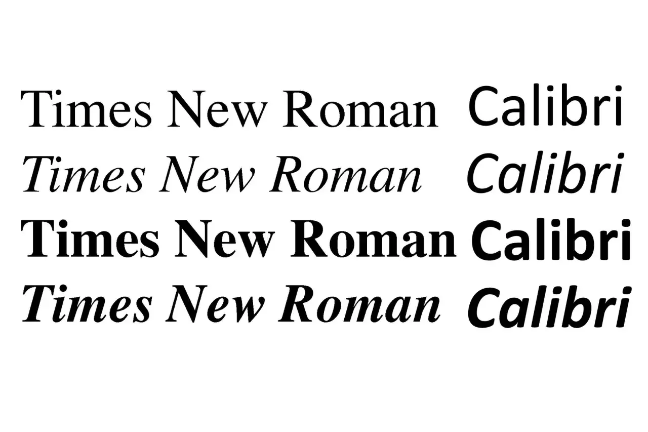 Porównanie czcionek: Times New Roman i Calibri w różnych stylach. Wybór odpowiedniej czcionki, np. jaką czcionką pisać dokumenty, zależy od celu.