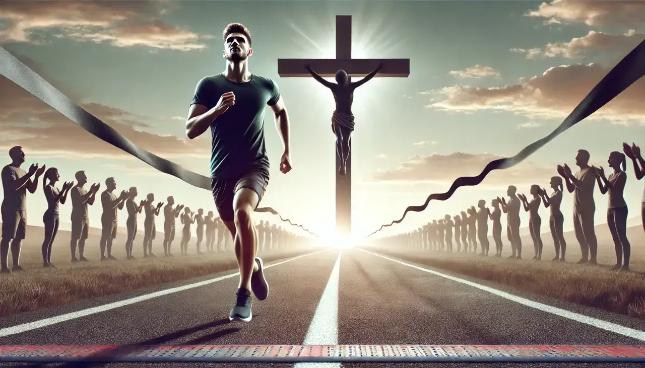 A runner sprints towards a cross, symbolizing the perseverance of the saints. A crowd watches, their hands raised in applause.