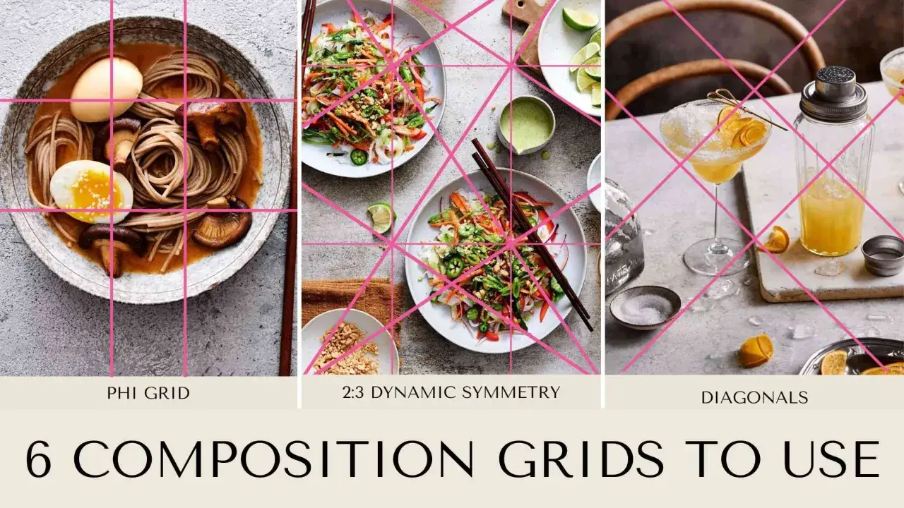 Siatki kompozycyjne: Phi Grid, 2:3 Dynamic Symmetry, Diagonals. Pomaga w kadrowaniu zdjęć potraw i drinków.