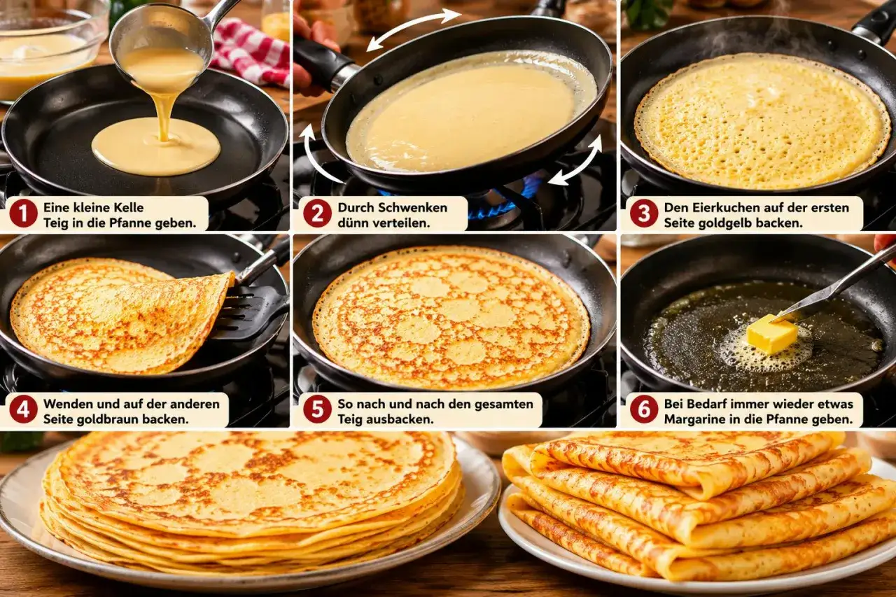 Schritt-für-Schritt-Anleitung für ein einfaches Eierkuchen Rezept: Teig in die Pfanne, dünn verteilen, backen, wenden und stapeln. Lecker!