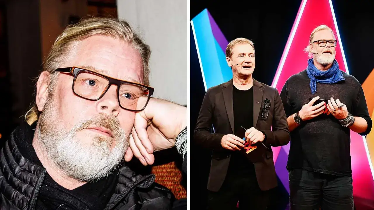 Henric von Zweigbergk, känd för sitt engagemang i Melodifestivalen, syns här i två olika sammanhang. Till vänster en närbild, till höger med en kollega på scen.