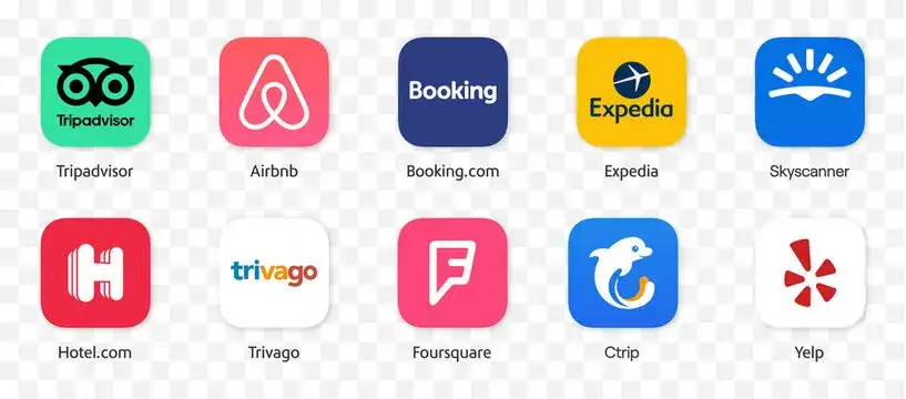 Porównywarki cen noclegów, ikony Booking Airbnb Trivago