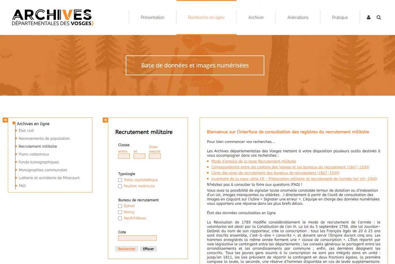Archives d&eacute;partementales des Vosges : interface de recherche pour le recrutement militaire en ligne.