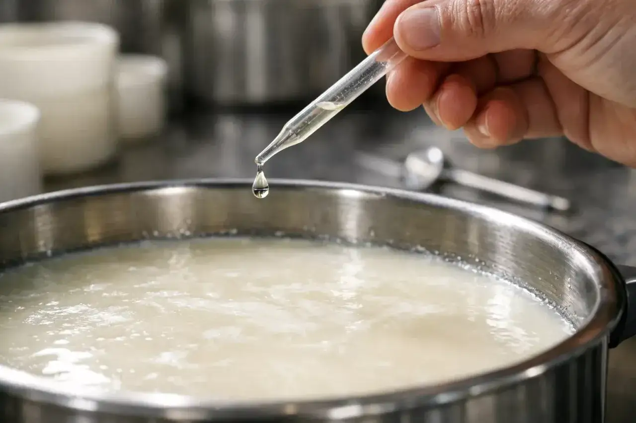 Une goutte tombe d'une pipette dans un liquide laiteux. La pression, c'est quoi ? L'art de la transformation du lait en fromage.