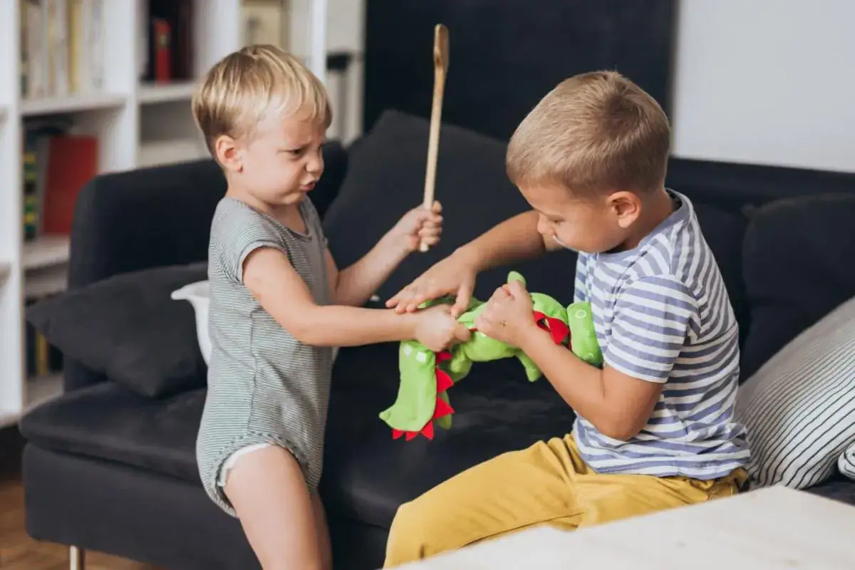Twee broertjes kibbelen om een knuffelbeest. Dit is waarom maken broers en zussen ruzie, een klassiek tafereel!