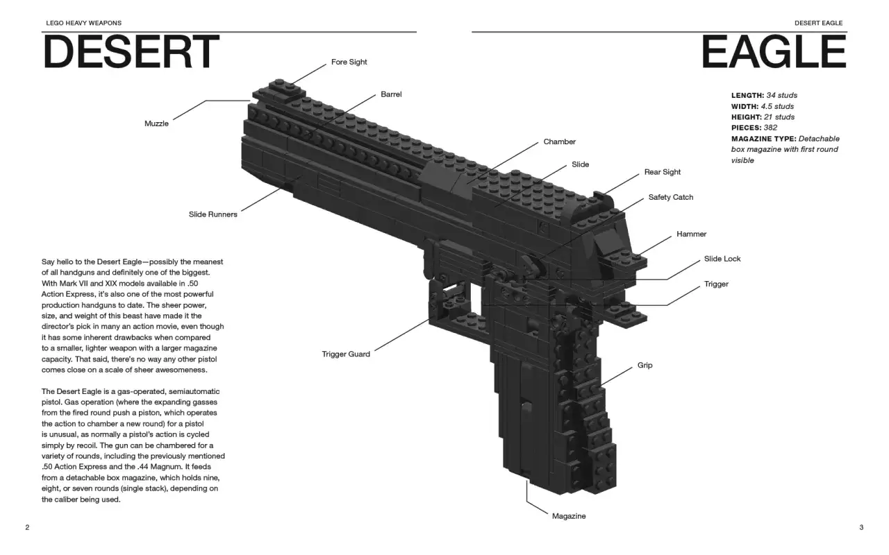 Model pistoletu Desert Eagle z klocków, z widocznymi elementami jak lufa, magazynek i spust. Instrukcja jak zrobić pistolet z klocków.