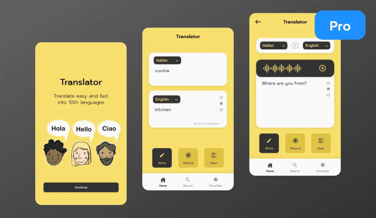 Appen visar en &ouml;vers&auml;ttningsapp med tre sk&auml;rmar. Den f&ouml;rsta visar 