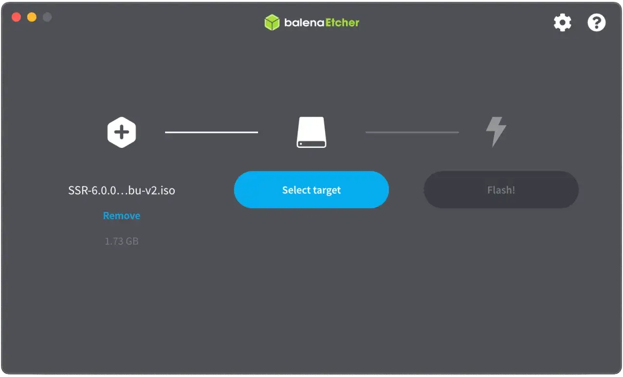 Balena Etcher przygotowuje bootowalny USB z plikiem SSR-6.0.0...bu-v2.iso. Wybierz cel i kliknij 