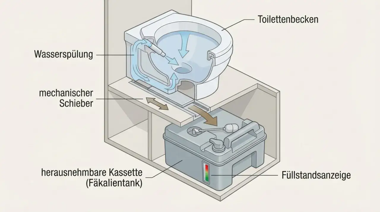 Schema der Boot Toilette Funktionsweise: Wassersp&uuml;lung, mechanischer Schieber und herausnehmbare Kassette.