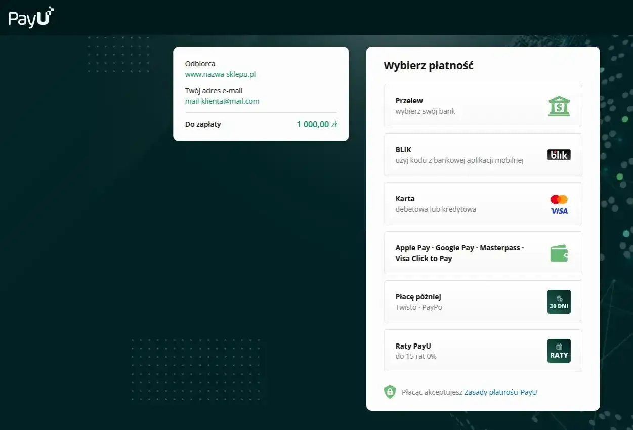 PayU to system płatności online. Na ekranie widzisz opcje: przelew, BLIK, karta, Apple Pay, płatność odroczona i raty PayU.