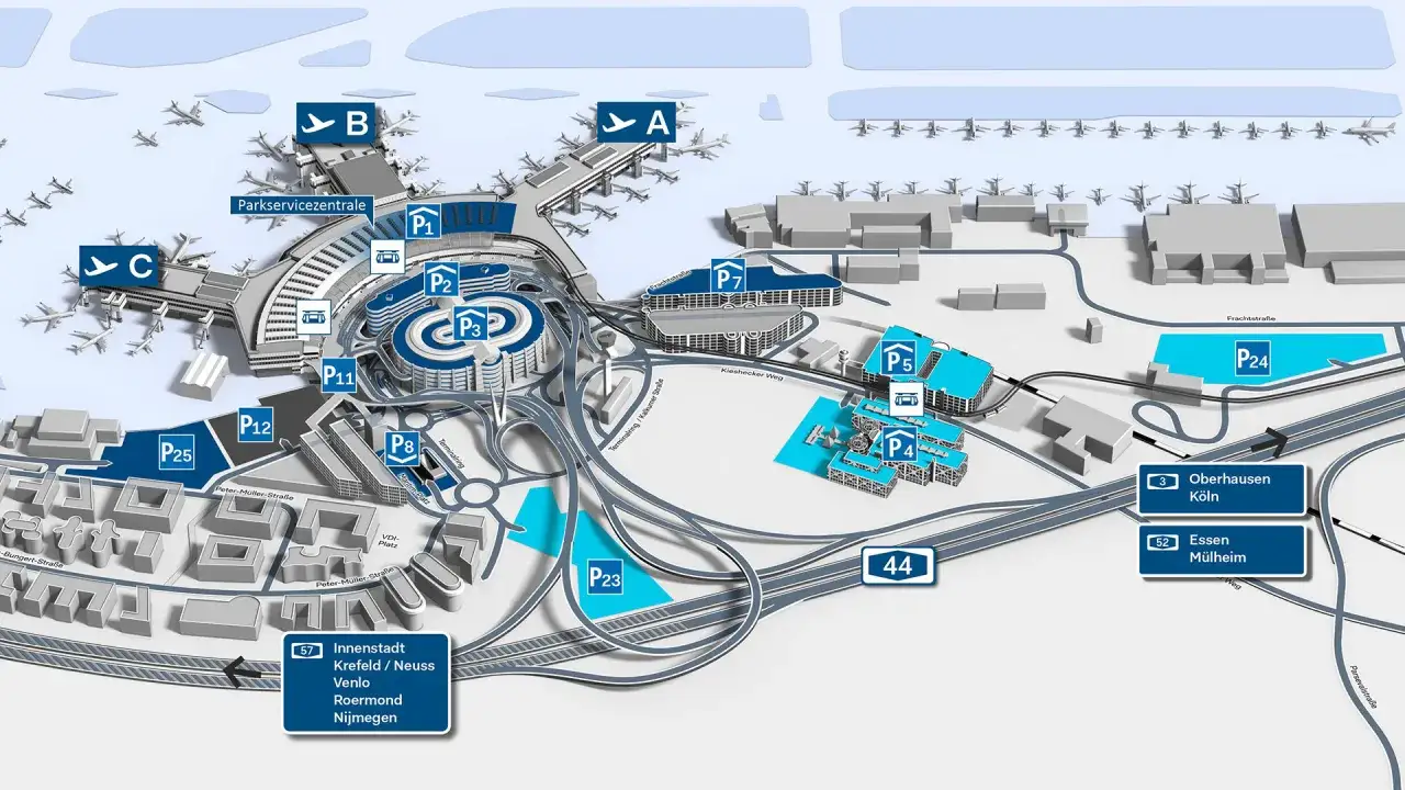Mapa lotniska w Düsseldorfie z zaznaczonymi parkingami P1-P25. Dowiedz się, ile kosztuje parking na lotnisku w Düsseldorfie, planując podróż.
