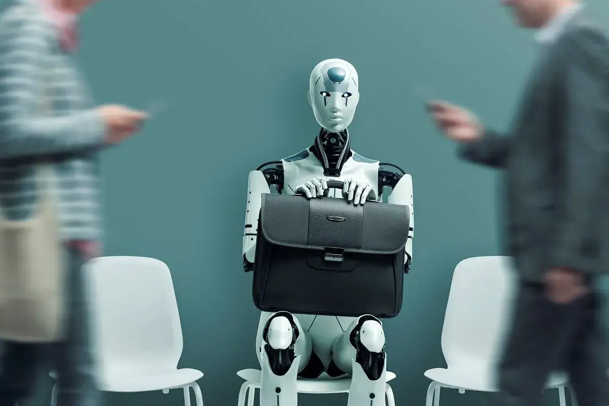 Robot z teczką czeka na rozmowę, symbolizując nowe możliwości, jak zarabiać na sztucznej inteligencji.