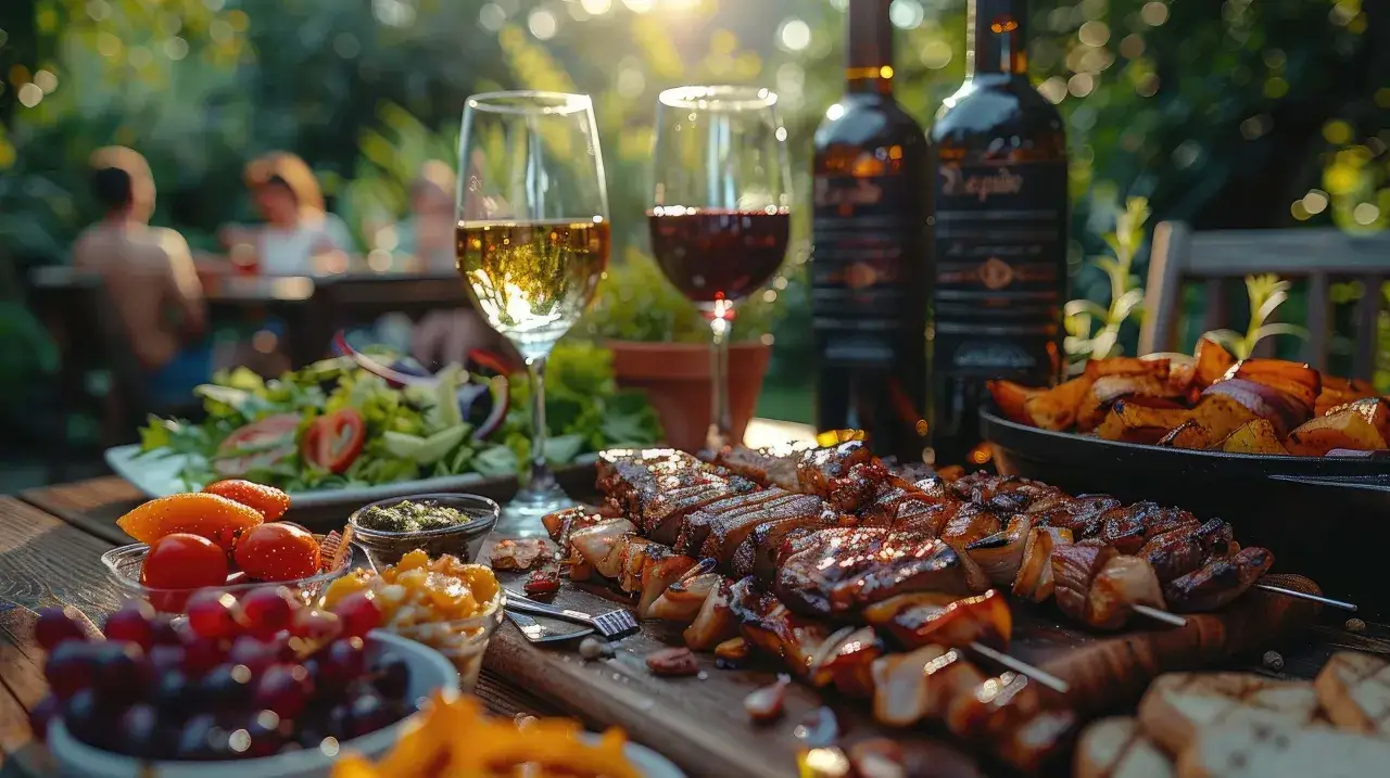 Un délicieux barbecue avec brochettes, salade et fruits, accompagné de vin blanc et rouge. Parfait pour un repas en plein air.