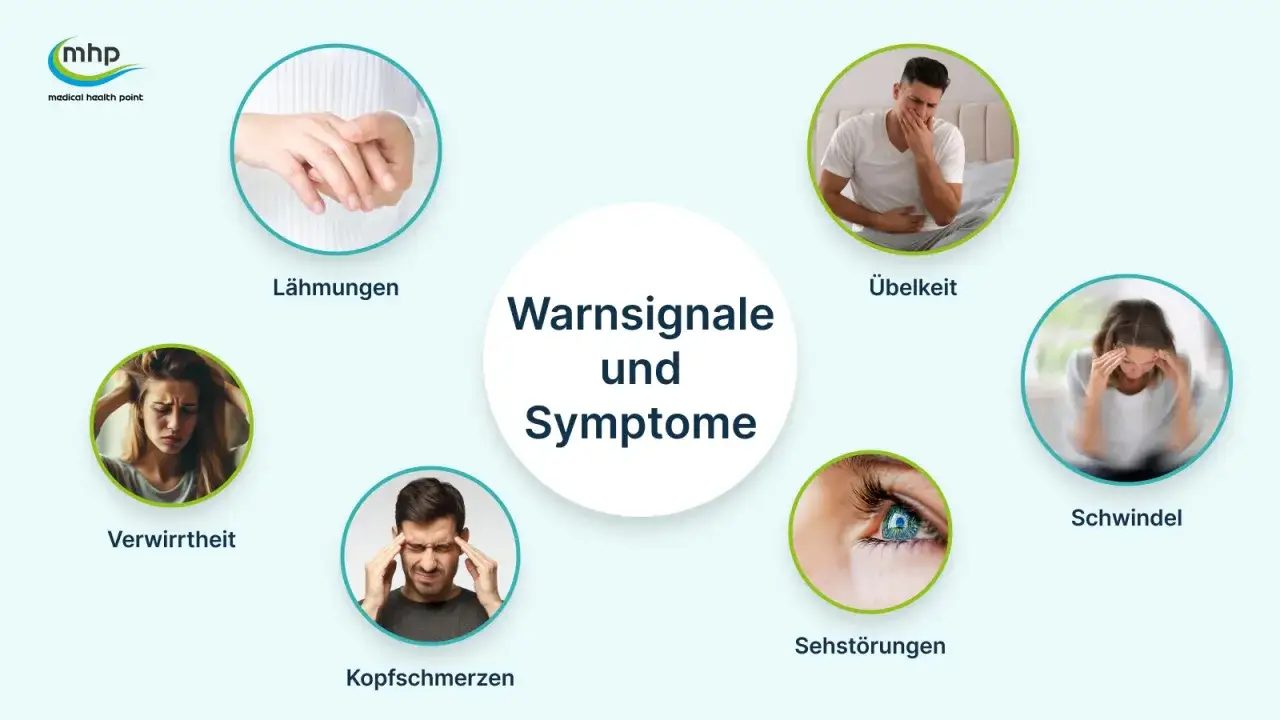 Warnsignale wie L&auml;hmungen, &Uuml;belkeit, Verwirrtheit, Kopfschmerzen, Schwindel, Sehst&ouml;rungen und ein Kribbeln im Gesicht k&ouml;nnen auf einen Schlaganfall hindeuten.