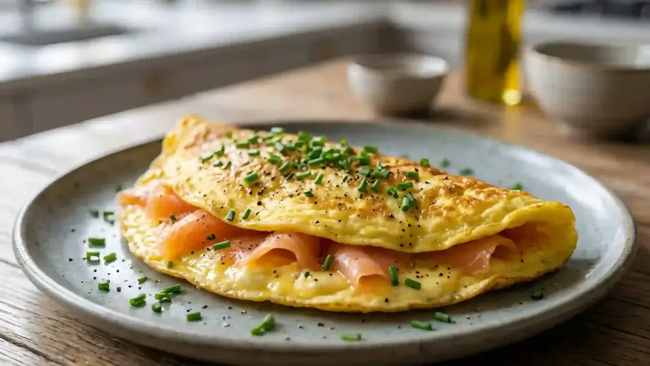Une omelette dor&eacute;e garnie de saumon fum&eacute;, parsem&eacute;e de ciboulette et de poivre. Une recette d'omelette parfaite pour un brunch.