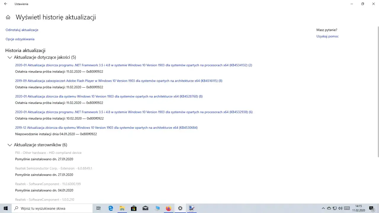 Historia aktualizacji Windows, w tym sekcja 