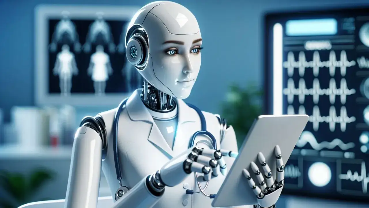 Un robot medico con camice bianco e stetoscopio analizza dati su un tablet, simbolo dell'intelligenza artificiale in medicina.