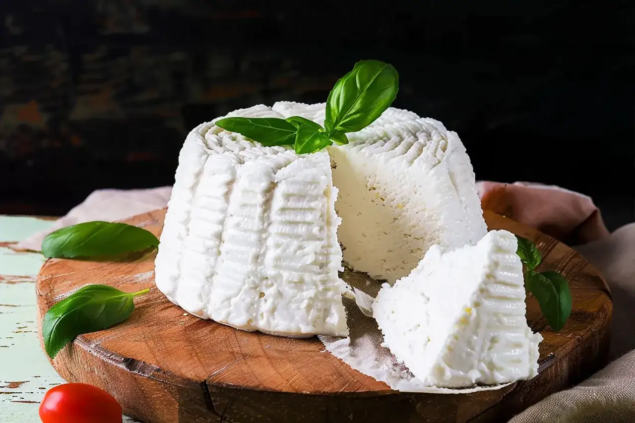 Ricotta fresca su tagliere di legno, guarnita con basilico. Ottima notizia: la ricotta si può congelare per conservarla più a lungo.