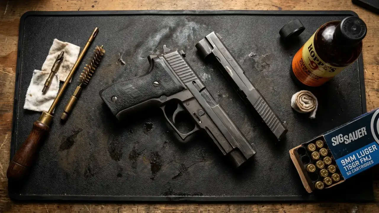Pistolet SIG Sauer P226, rozłożony do czyszczenia. Obok znajduje się szczotka, wycior, szmatki, butelka z **olejem do broni** Hoppe's i pudełko amunicji 9mm Luger.