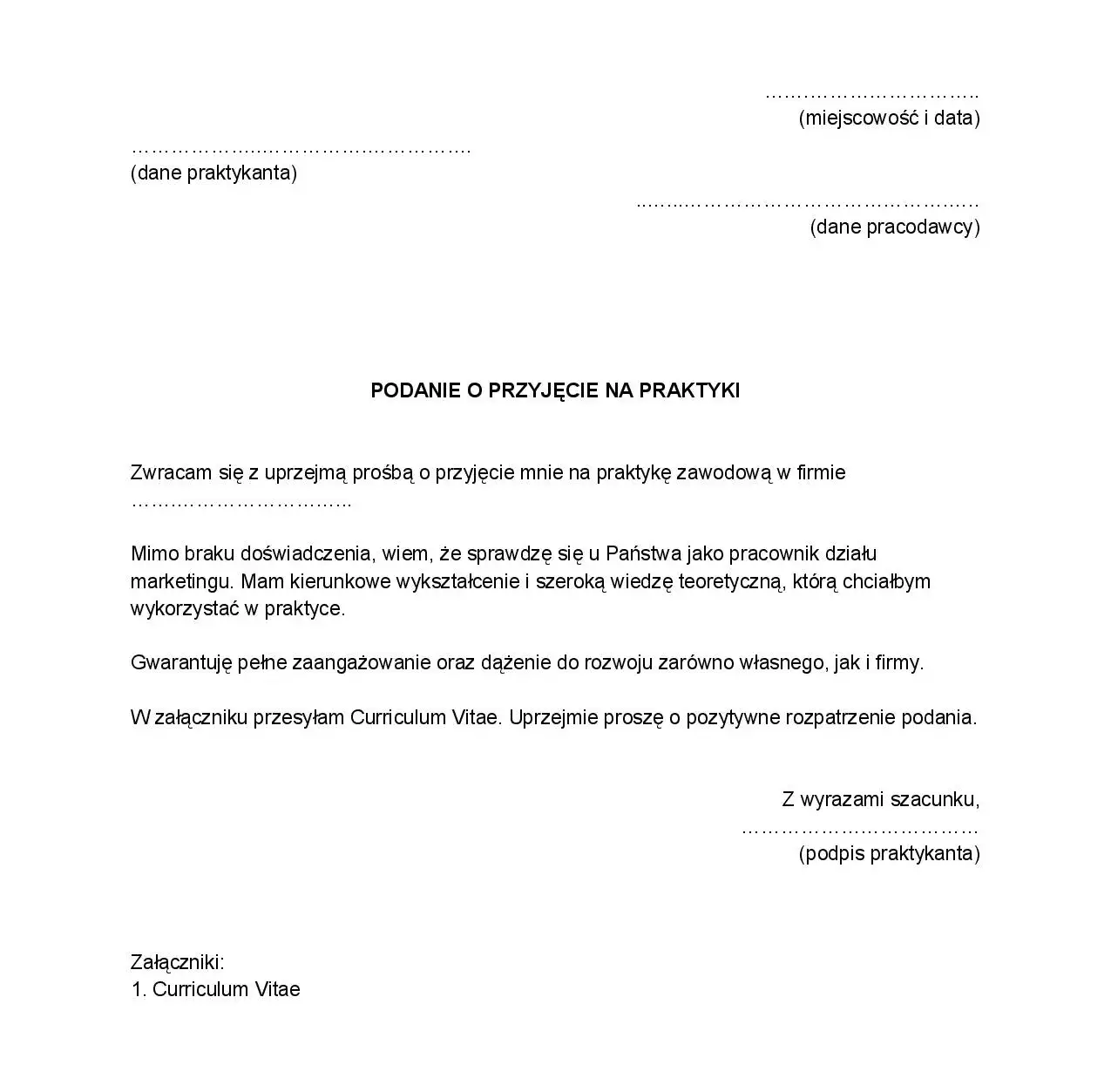 szablon podania o staż przykład