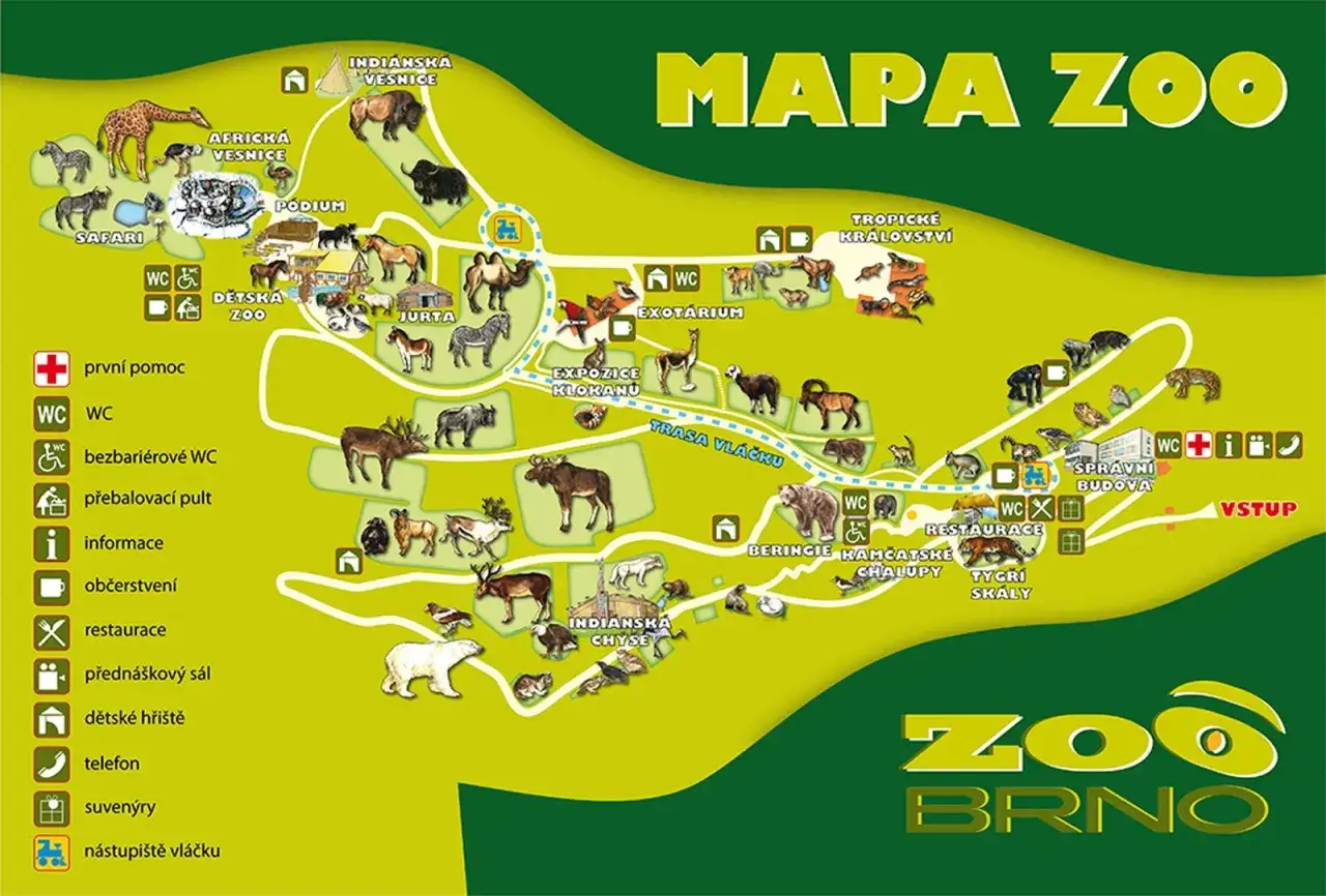 Mapa Zoo Brno zvířata, dětská zoo, safari, tropické království, indiánská vesnice – skvělé brno atrakce pro děti.