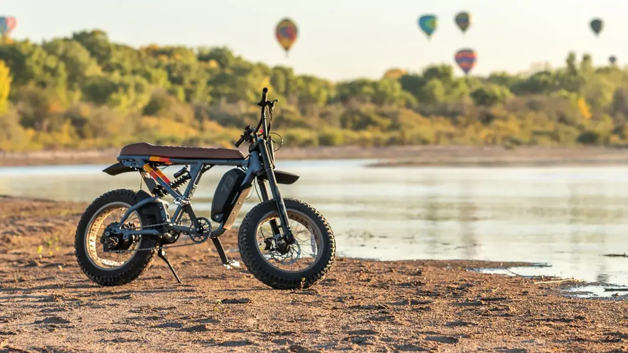 Stylowy rower elektryczny na plaży, w tle balony na ogrzane powietrze. Czy warto kupić rower elektryczny? Ten model wygląda na świetną opcję!