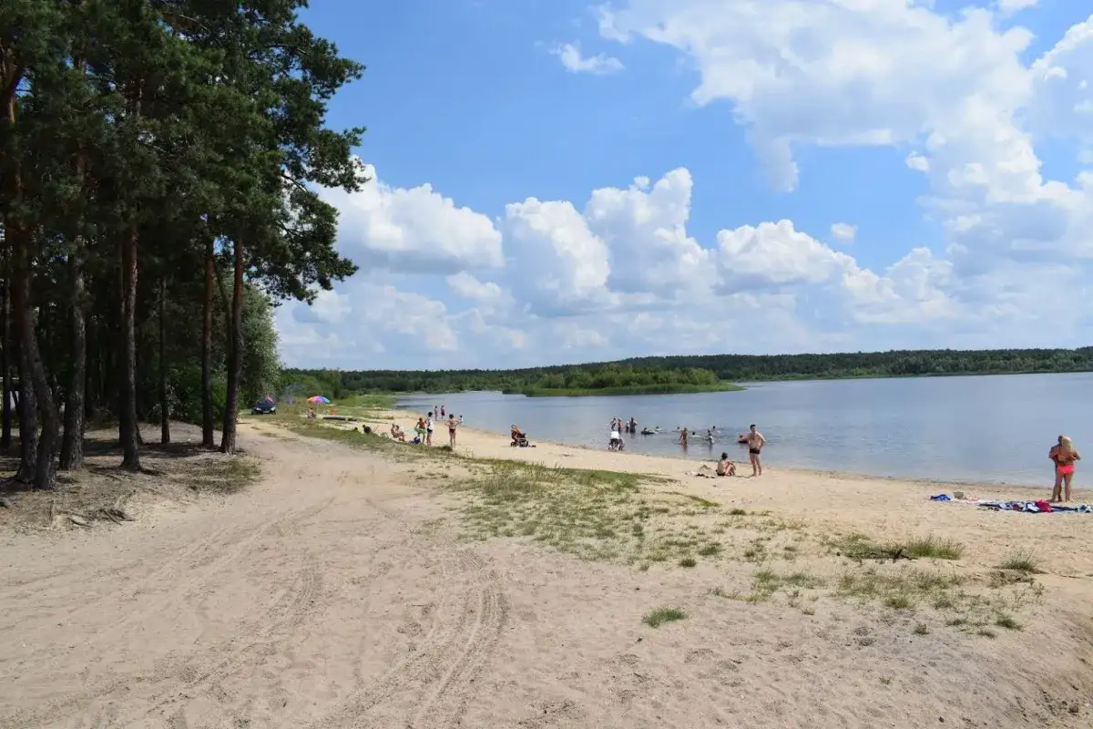 Słoneczny dzień nad zalewem Cieszanowice. Ludzie odpoczywają na piaszczystej plaży i kąpią się w jeziorze.