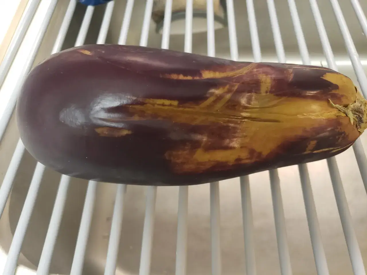 Eine Aubergine mit dunkler, glänzender Schale und gelblich-braunen Flecken liegt auf einem weißen Rost.