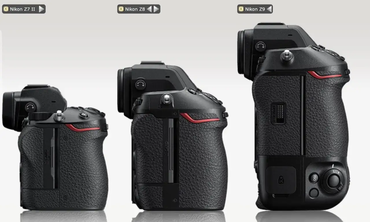 Trzy aparaty Nikon Z: Z7 II, Z8 i Z9, pokazane z boku, prezentują ewolucję designu.