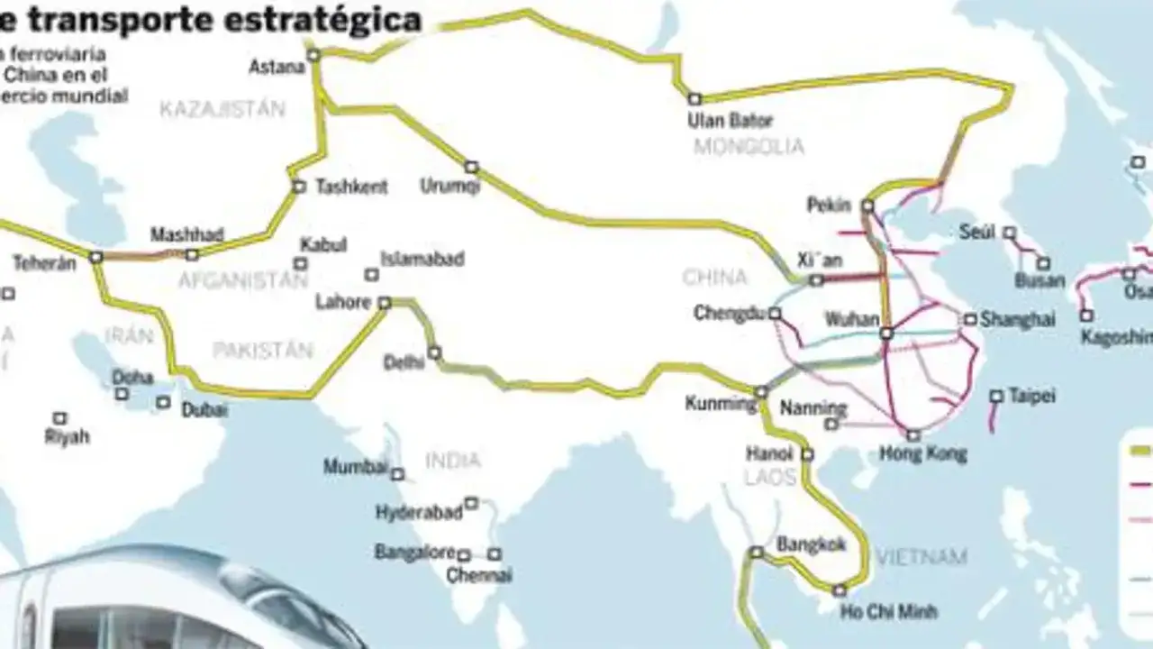 Mapa de rutas ferroviarias estratégicas, ideal para planificar tu viaje a China por libre. Muestra conexiones desde Asia Central hasta el Sudeste Asiático.