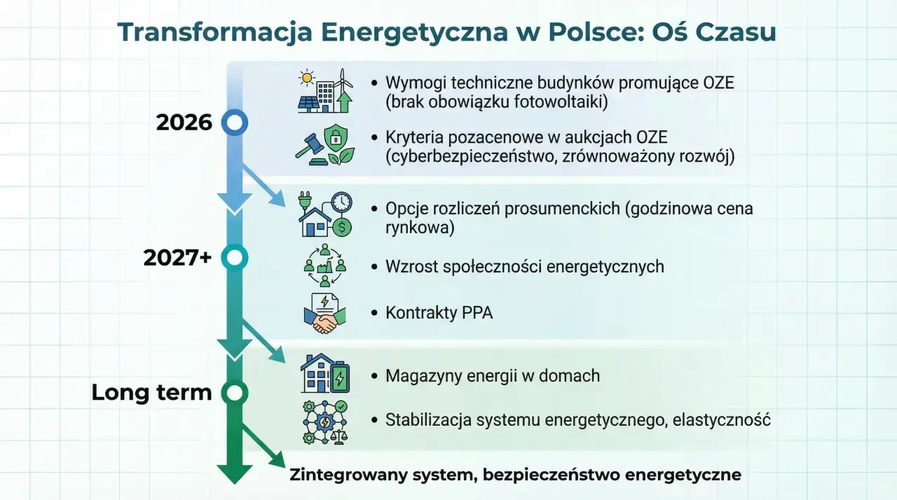 Oś czasu transformacji energetycznej w Polsce: od 2026 r. wymogi budynków promujące OZE, przez 2027+ kryteria aukcji OZE, aż po długoterminową stabilizację systemu.