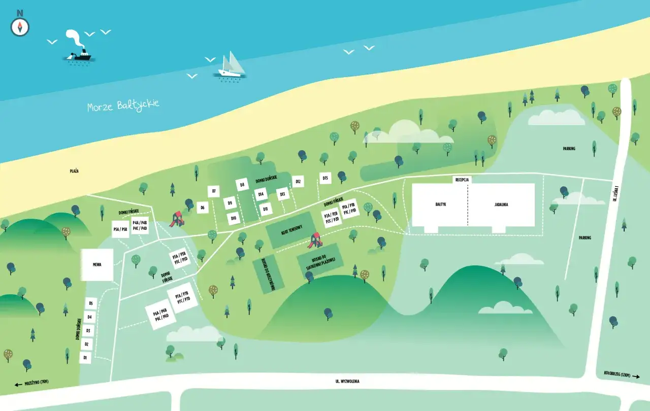 Mapa ośrodka wypoczynkowego nad Bałtykiem. Widoczne domki, plaża, boiska, recepcja i parking. Idealne miejsce na nocleg nad Bałtykiem.