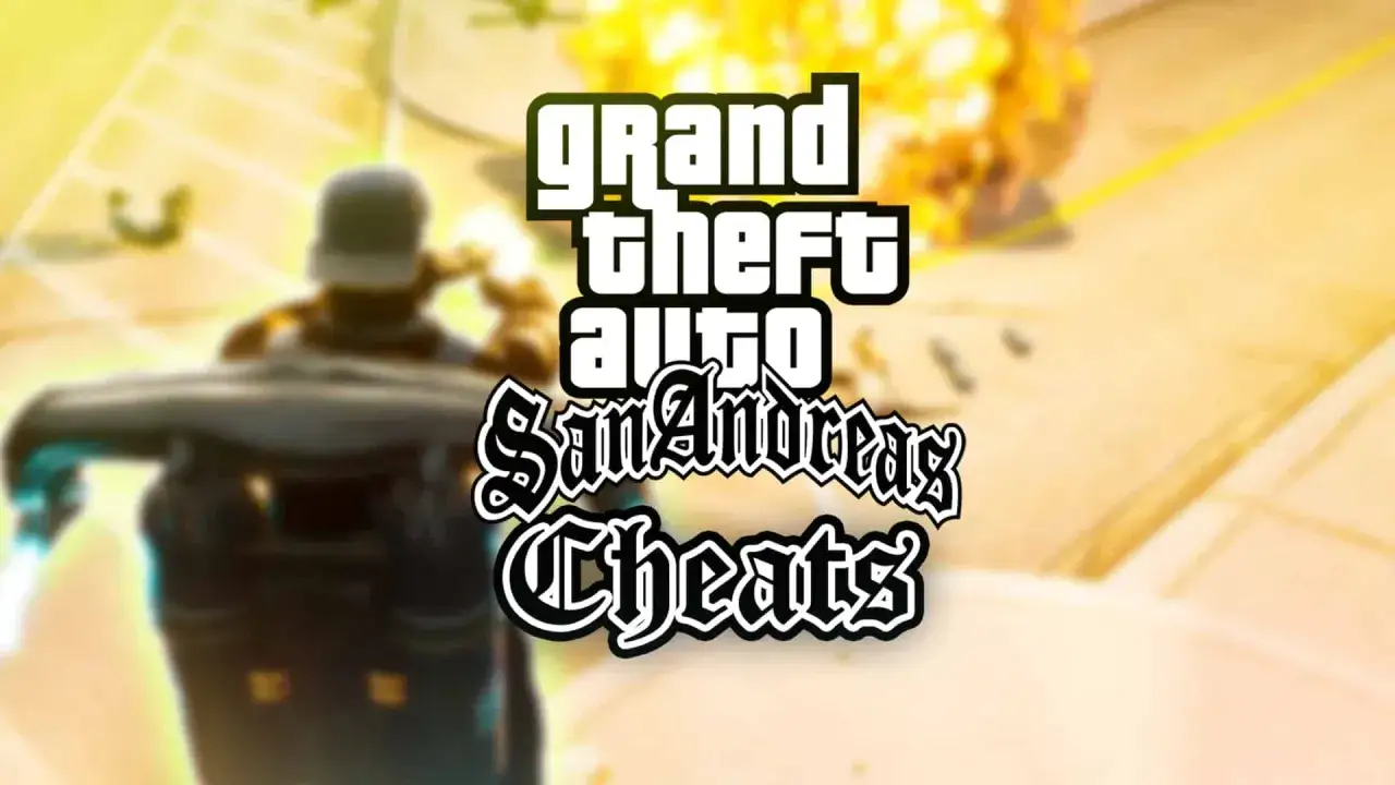 Postać w grze Grand Theft Auto: San Andreas, gotowa do akcji. W tle wybuchy i logo gry z napisem 