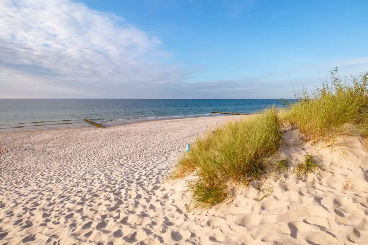 Piękna plaża w Mrzeżynie, z wydmami porośniętymi trawą i spokojnym morzem. Idealne miejsce na relaks i odkrywanie atrakcji.